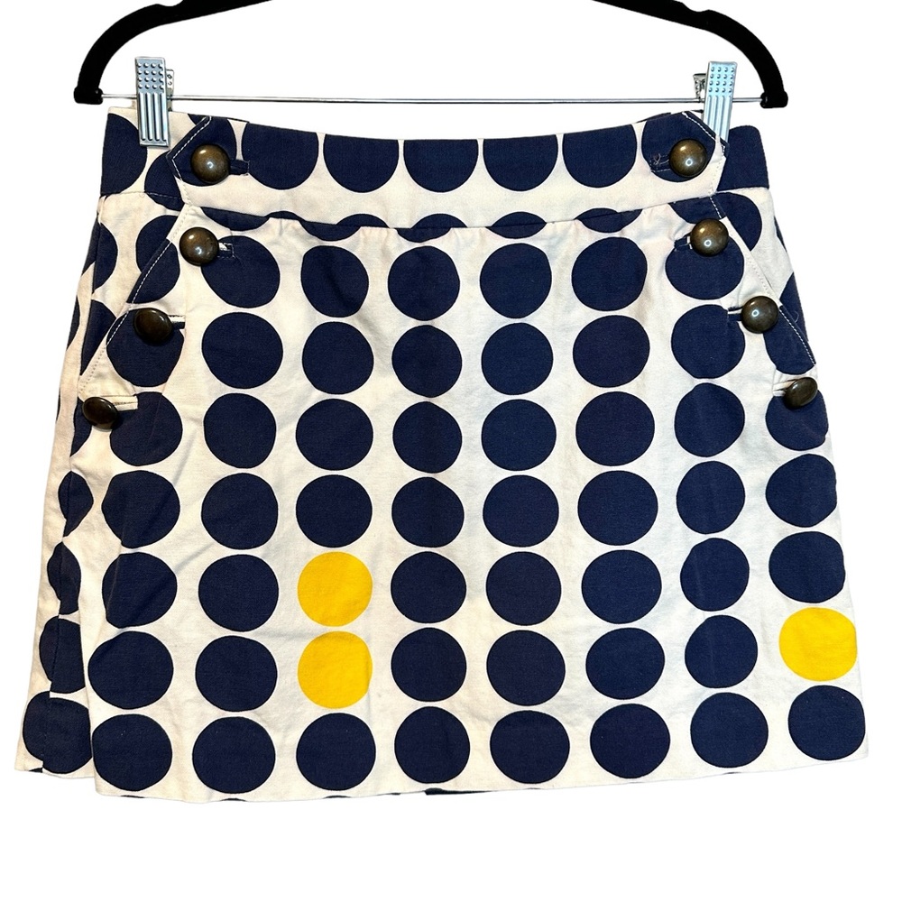J Crew Navy Cream Polka Dot Preppy Cotton Button Mini Skirt Size 8